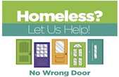 Homeless? Let Us Help! Illustration of 5 doors with the text below "No Wrong Door"