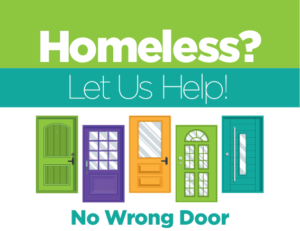 Title: Homeless? Let Us Help! Illustration of 5 doors with the text below "No Wrong Door"