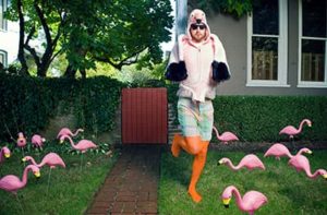 Man dressed in pink flamingo costume in a yard of plastic pink flaminos yard decorations