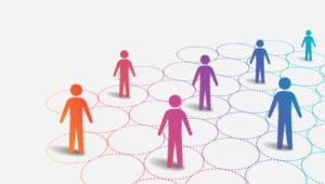 illustration of a bunch of circles with several people standing in them showing keeping 6 feet of separation
