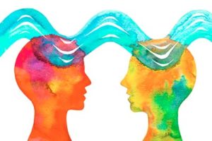 Watercolor image of two human heads with brain waves passing between them