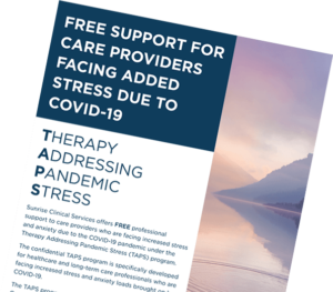 Free Support For Care Providers Facing Added Stress Due to Covid-19. The words Therapy, Addressing, Pandemic, and Stress spelling out the acronym "TAPS"